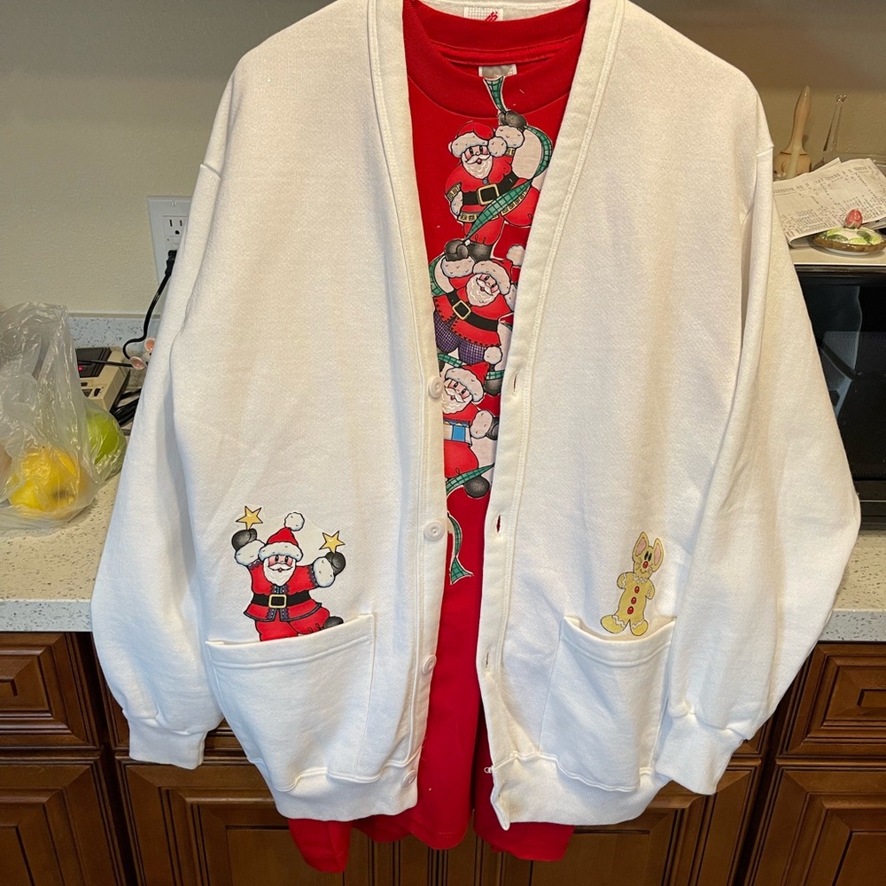 White Christmas Cardigan with TEE Santa and Gingerbread Man